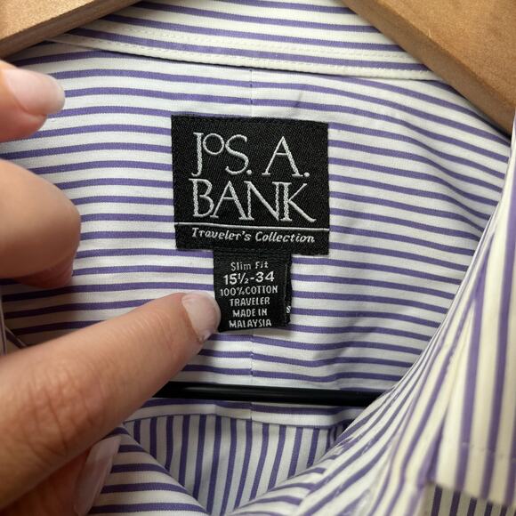 Jos A Bank Men's Slim Long Sleeve Button Dress Shirt Purple Striped Size 15.5-34 - Picture 4 of 5